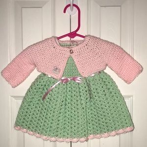 Mint Green & Pink Crochet Dress & Cardigan